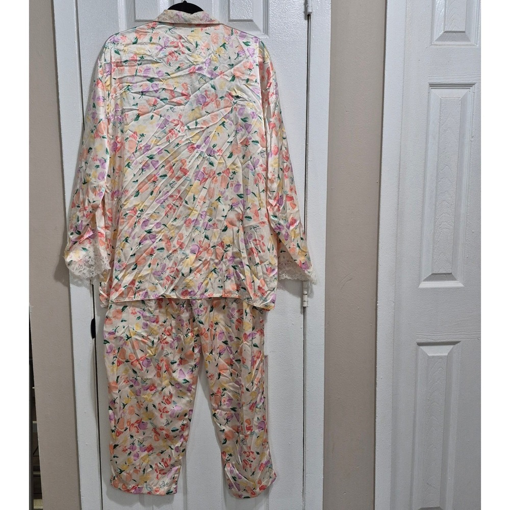 Vtg Victorias Secret Floral Pajama Set Top Pants Long Sleeve Lace Trim L - Picture 2 of 14